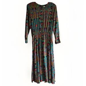 Vintage Bedford Fair Maxi Dress‎ 80s Paisley Jewel-Tone Made in USA Size 14